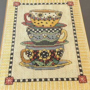 Framed Cross Stitch Stacked Tea Cups Debbie Mumm CottageCore Grandmacore